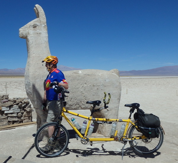Dennis and the Bee with a big Salt Lama at Salinas Grandes, Jujuy Province, Argentina.